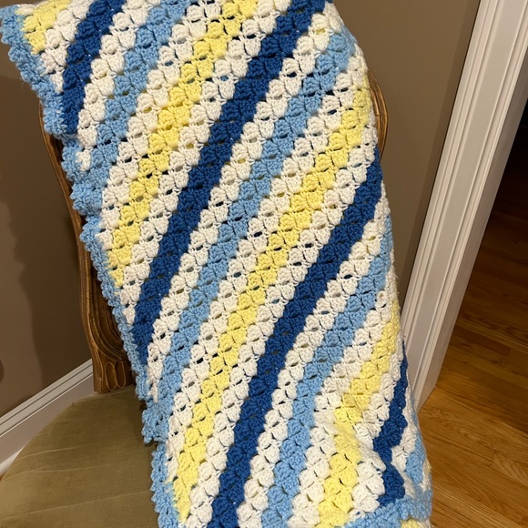 Crotched Afghan Blanket - Blue, Yellow and White Blanket ,Throw, Afghan - - Picture 3 of 14